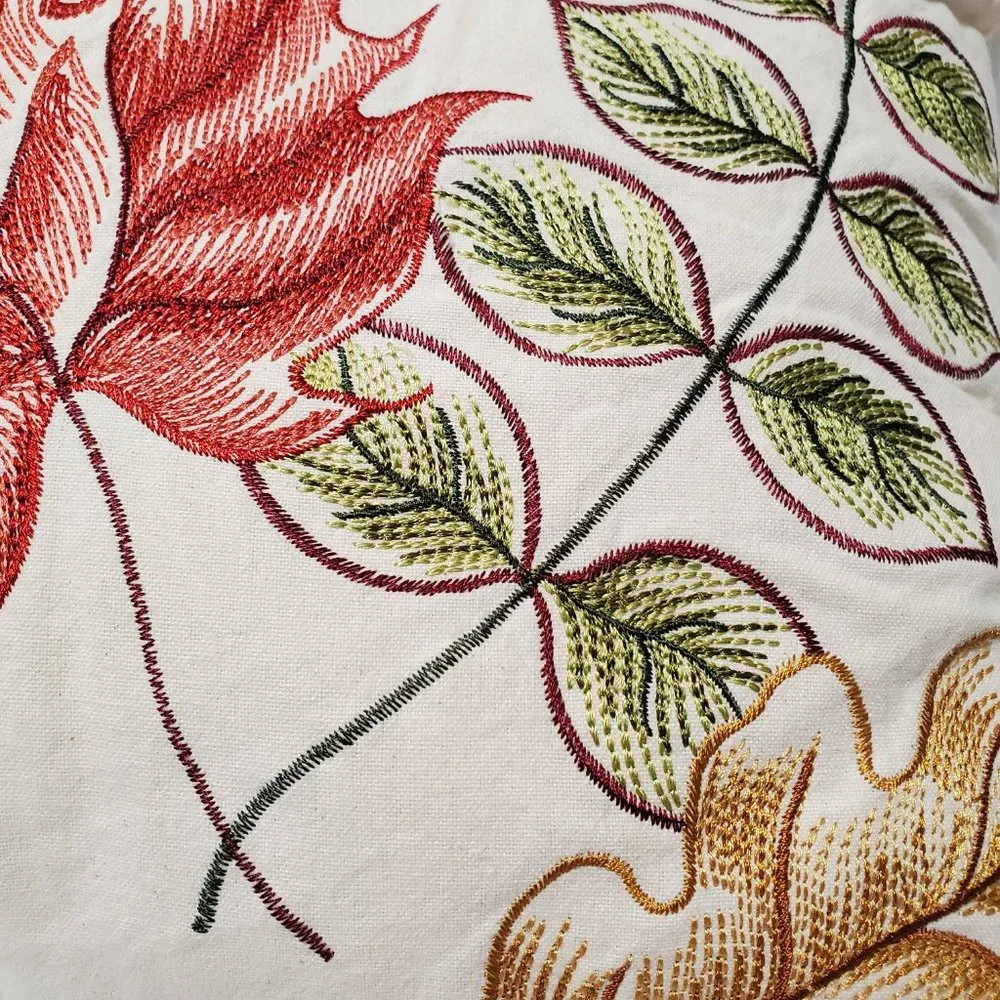 Decorative Pillow with Embroidered Fall Leaves, Autumn Plaid, 15